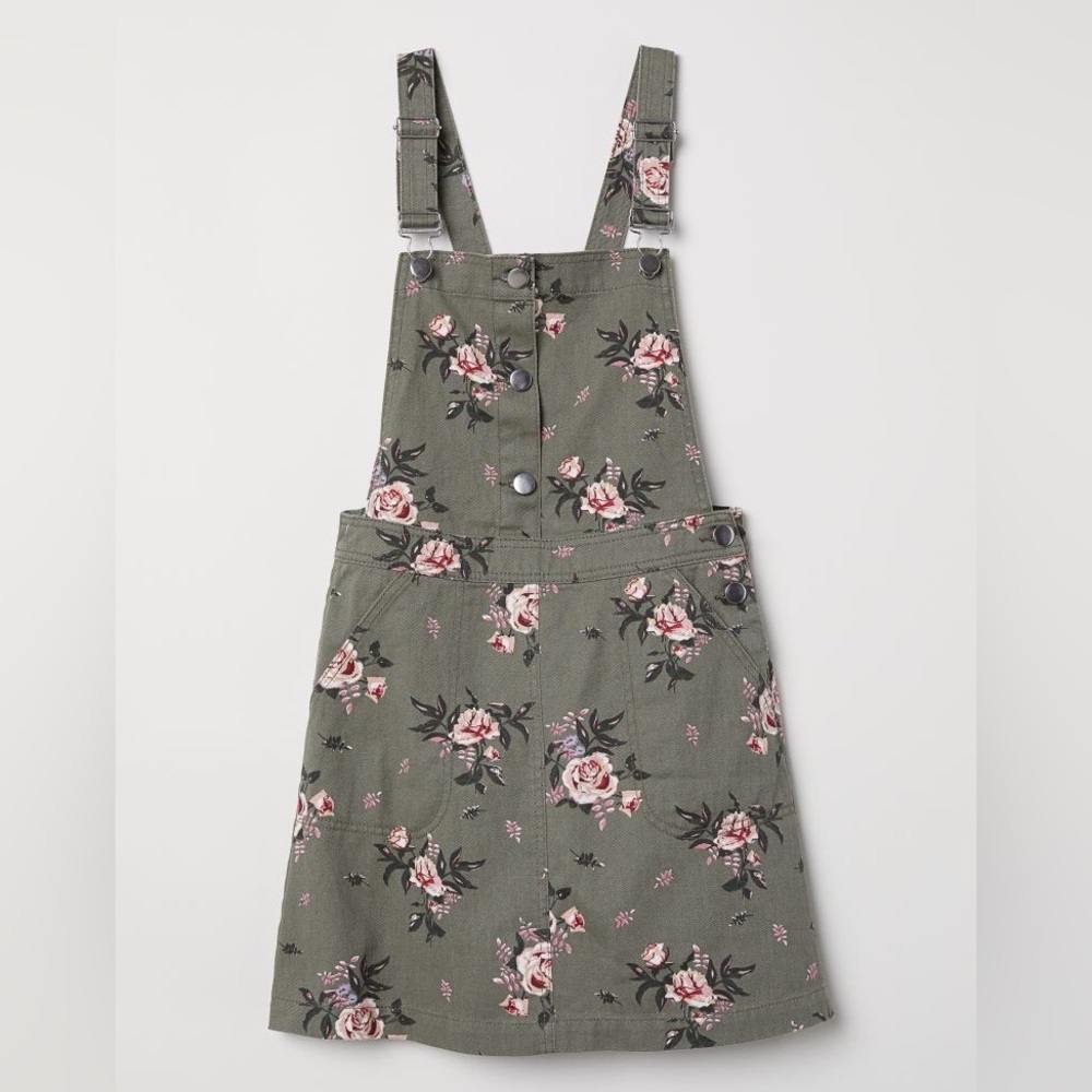 H&M Divided Army Green Floral Overall Dress with Pockets